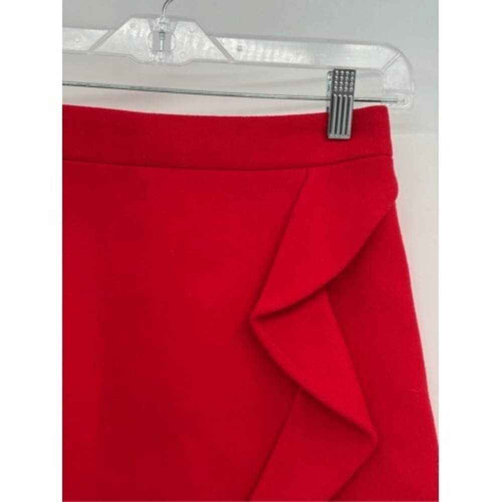 J. Crew Mini Skirt Wool Pencil Straight Ruffle Women Size 2 Red Party Holiday - Picture 3 of 9